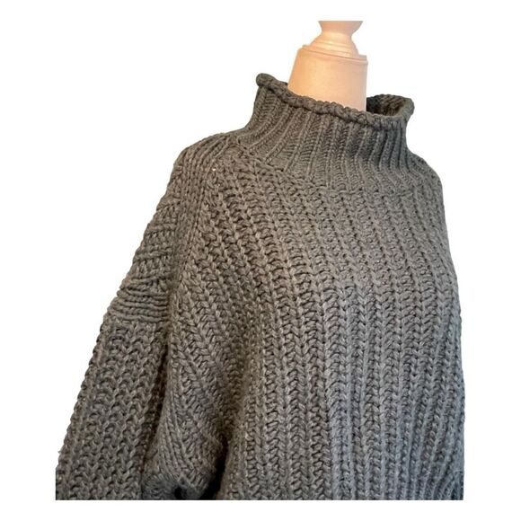 H&M Chunky Knit Sweater Green Ribbed Wool Mock Neck Long Sleeve Cropped M - Picture 4 of 7